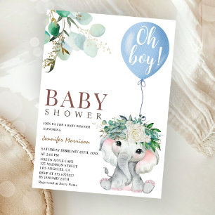 Invitation Eléphant Bleu Oh Garçon Ballon Baby Shower