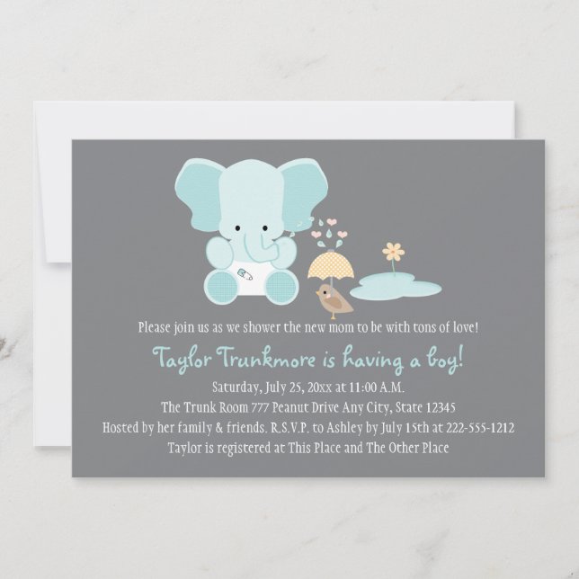 Invitation Éléphant bleu petit baby shower d'oiseau (Devant)