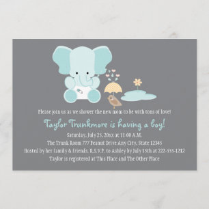 Invitation Éléphant bleu petit baby shower d'oiseau