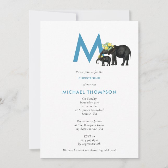 Invitation Elephant Blue Baby Boy Initiale Baptême Christenin (Devant)