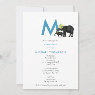 Invitation Elephant Blue Baby Boy Initiale Baptême Christenin