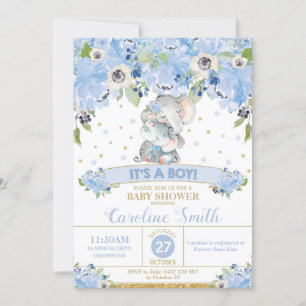 Invitation Elephant Blue Floral Baby shower Garçon maman et b