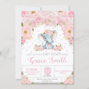 Invitation Eléphant Blush Floral Baby shower Parties scintill