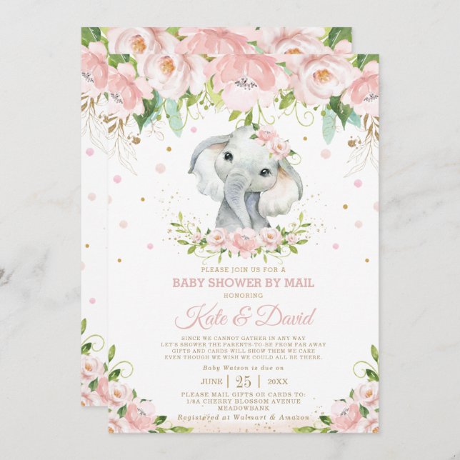 Invitation Eléphant Blush Floral Baby shower virtuel par cour (Devant / Derrière)