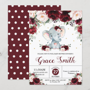 Invitation Elephant Bourgogne Blush Floral Baby shower Girl