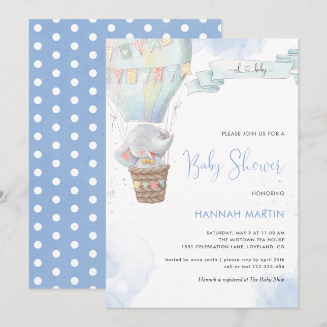 Invitation Elephant Boy Blue Balloon mignon Baby shower (Devant / Derrière)