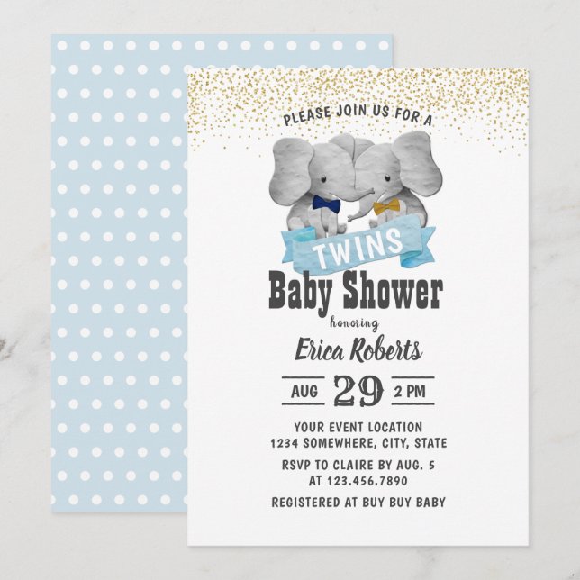 Invitation Elephant Boy Twins Gold Confetti Baby shower (Devant / Derrière)