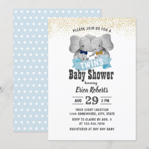 Invitation Elephant Boy Twins Gold Confetti Baby shower