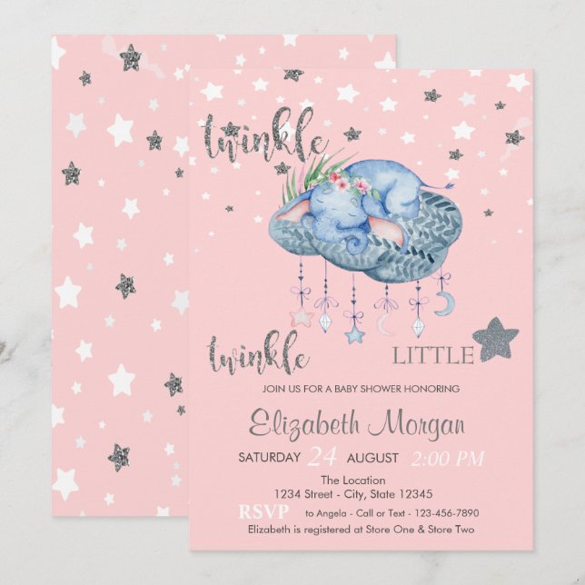 Invitation Elephant Cloud Little Star Baby shower (Devant / Derrière)