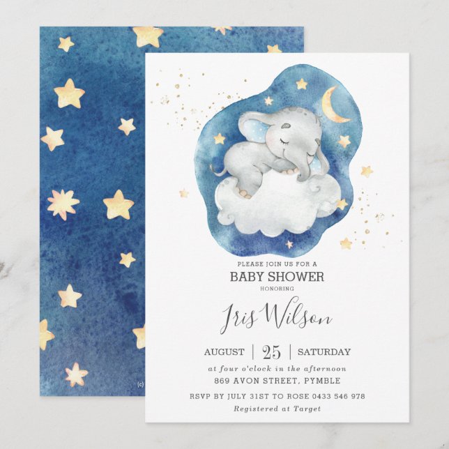 Invitation Eléphant couché Twinkle Star Baby shower garçon (Devant / Derrière)