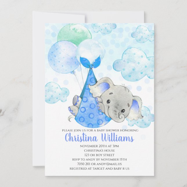 Invitation Elephant Cub Cute Boy Baby shower Blue (Devant)