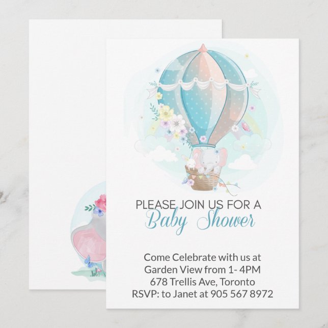 Invitation Éléphant dans le Baby shower de ballons à air chau (Devant / Derrière)
