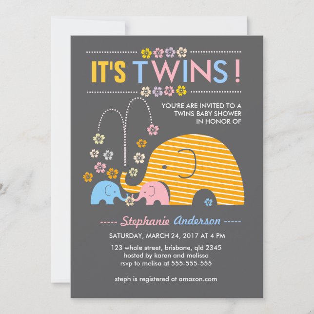 Invitation Éléphant de bébé de jumeaux de coutume et douche (Devant)