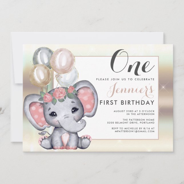 Invitation Éléphant de bébé floral mignon avec des ballons (Devant)