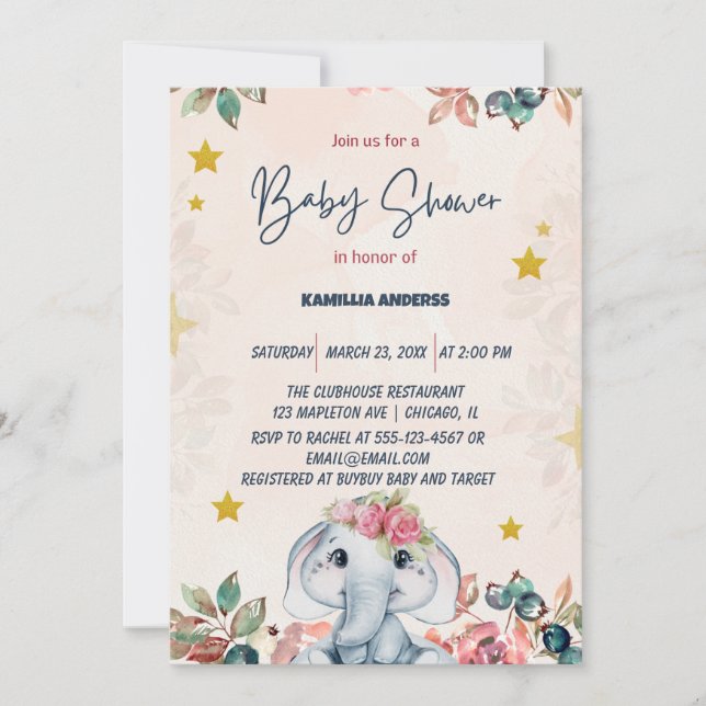 Invitation Éléphant de bébé floral rose   (Devant)