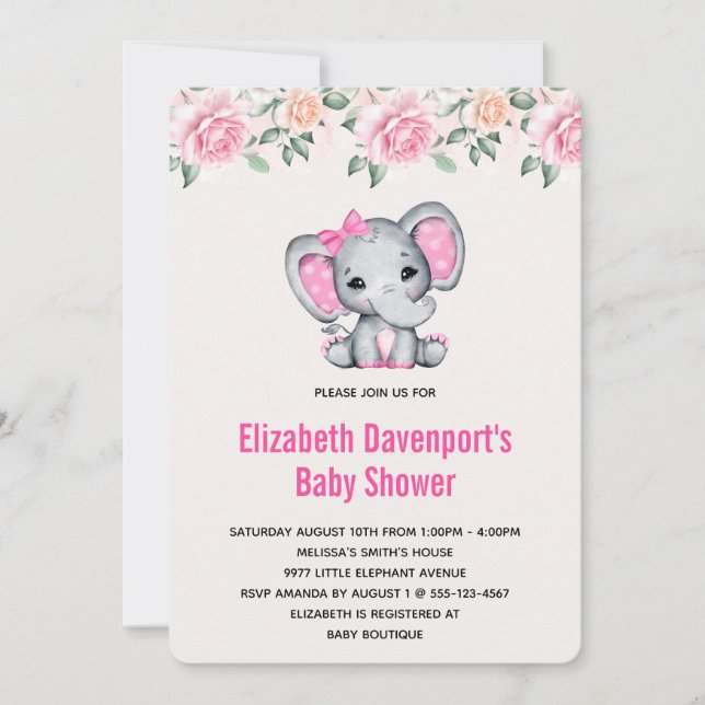 Invitation Eléphant de bébé rose et Baby shower frontalier Ro (Devant)