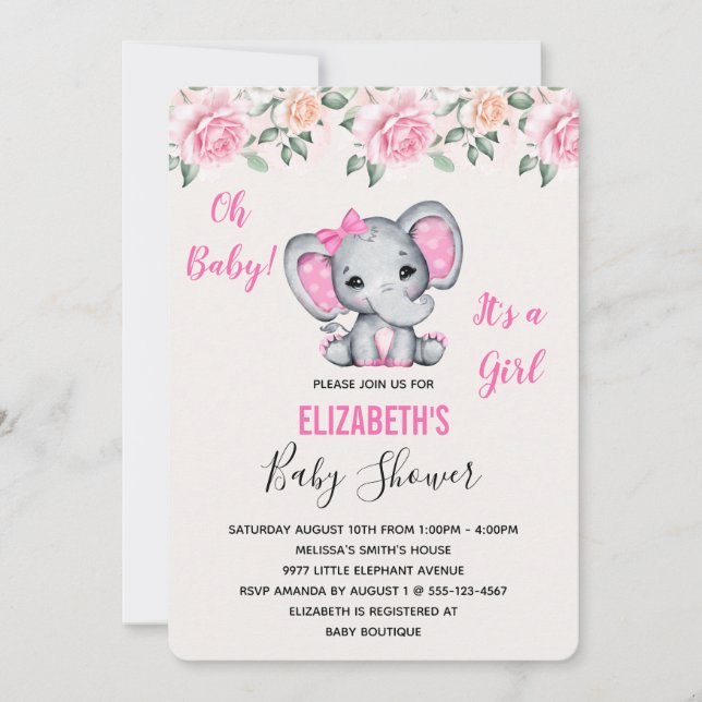 Invitation Eléphant de bébé rose et Baby shower frontalier Ro (Devant)