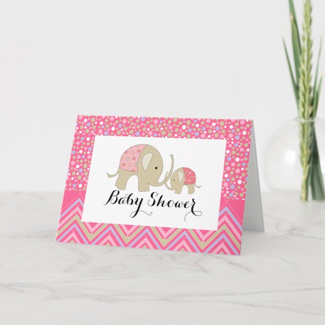 Invitation Eléphant de Bohême Rose et Baby shower Chevron (Devant)