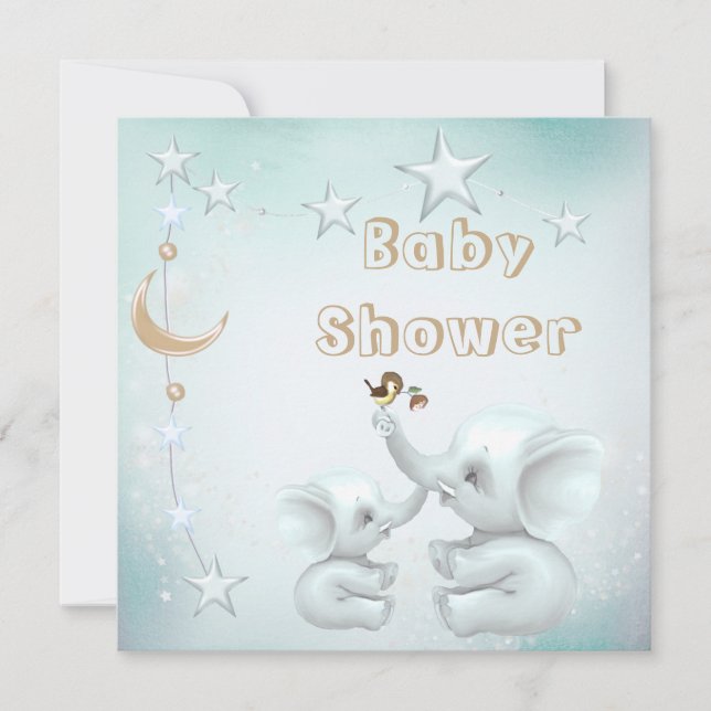 Invitation Éléphant de maman et de bébé, lune et baby shower (Devant)