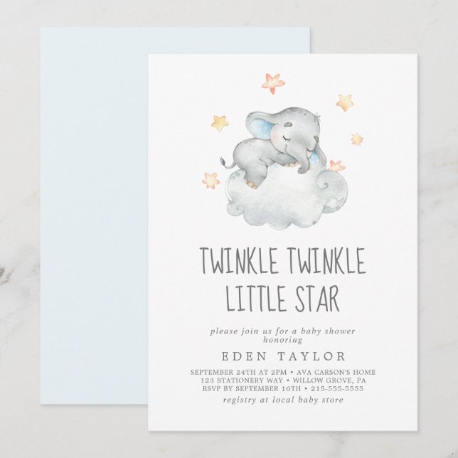 Invitation Eléphant dormant Jumeau Twinkle Little Star (Devant / Derrière)