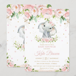 Invitation Eléphant doux Blush rose Baby shower Floral Or