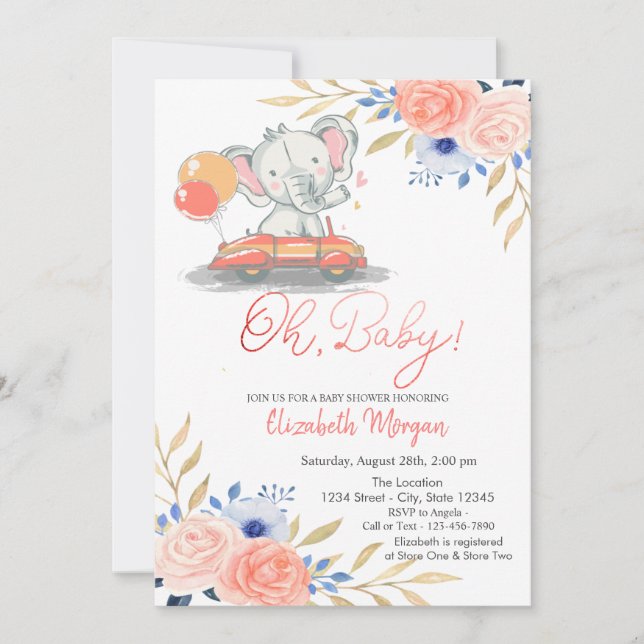 Invitation Elephant En Voiture, Ballons Baby shower Floral (Devant)