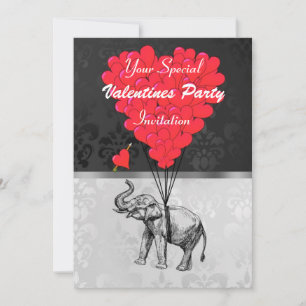 Invitation Elephant et coeur sur damask valentines fête