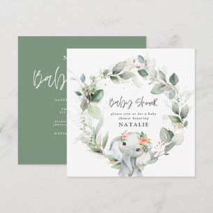 Invitation éléphant eucalyptus baby shower vert mignon