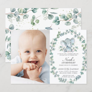 Invitation Elephant Eucalyptus Green Boy Photo Anniversaire
