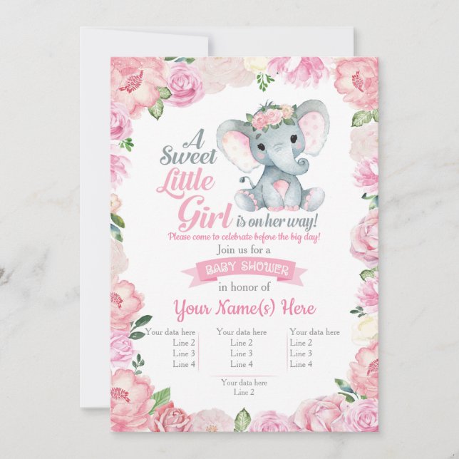Invitation Éléphant Fille Super Mignonne, Carte Fl (Devant)