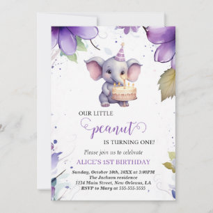 Invitation Eléphant, Fleur d'aquarelle violette, premier anni