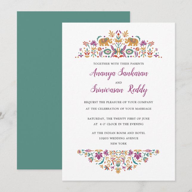 Invitation Eléphant Fleur Indien Jade Mariage vert (Devant / Derrière)