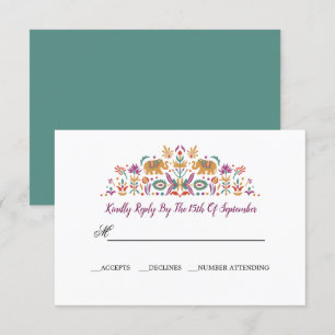 Invitation Eléphant Fleur Indien Jade vert mariage RSVP
