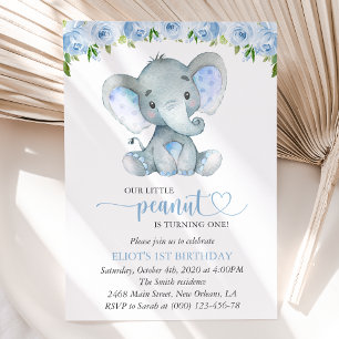 Invitation Éléphant, Fleurs Aquarelle Bleue, Premier Annivers