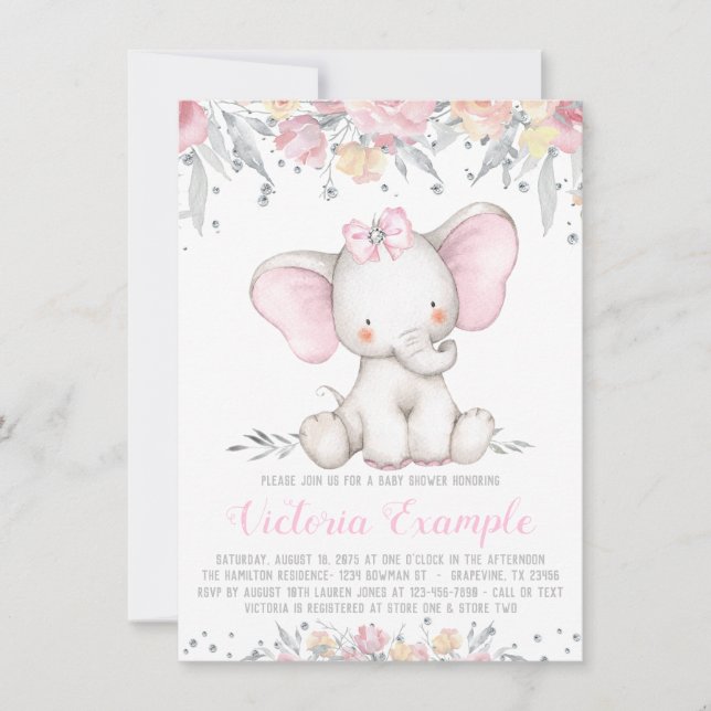 Invitation Eléphant Floral Diamond Girl Baby shower (Devant)