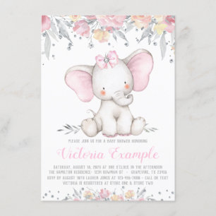 Invitation Eléphant Floral Diamond Girl Baby shower