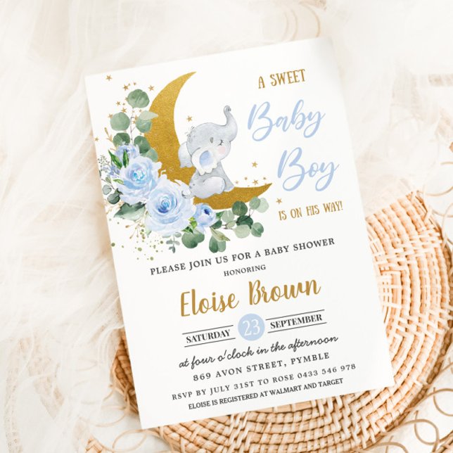 Invitation Eléphant Floral Doux Bébé Bébé Douche Garçon Bleu  (Créateur téléchargé)