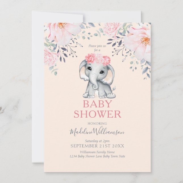 Invitation Eléphant Floral Rose Baby shower fille (Devant)