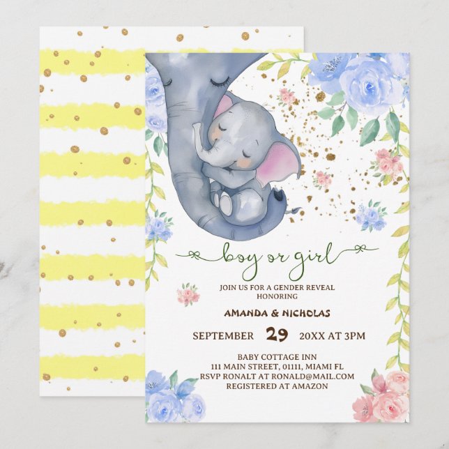 Invitation Elephant Floral Rose Bleu Sexe Reveillez Invitatio (Devant / Derrière)