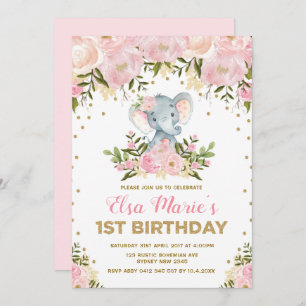 Invitation Eléphant floral rose mou 1er anniversaire