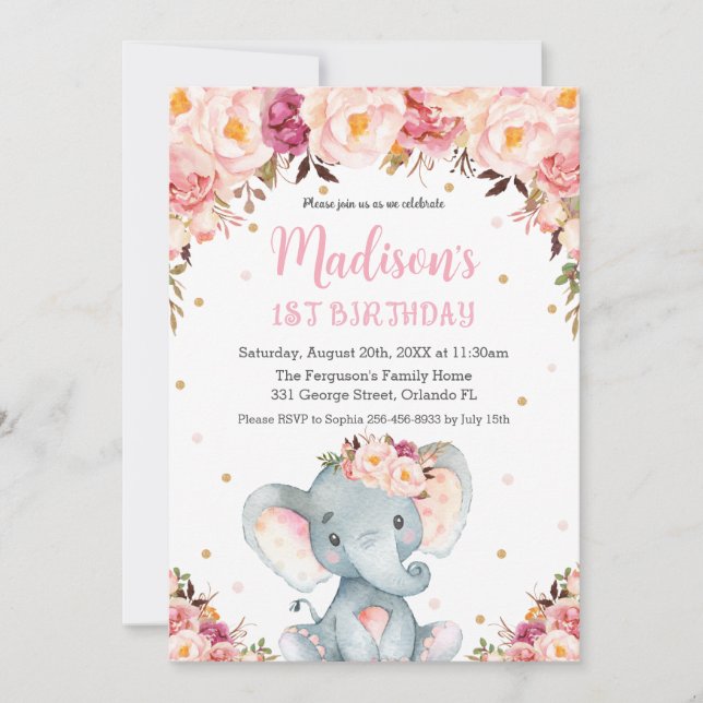 Invitation Eléphant floral rose pâle 1er anniversaire (Devant)