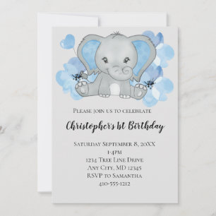 Invitation Éléphant Garçon Bleu Fleurs Ballons Anniversaire