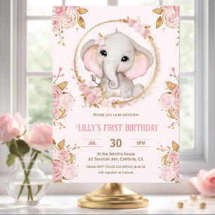 Invitation Elephant Girl rose Floral 1er anniversaire Invitat