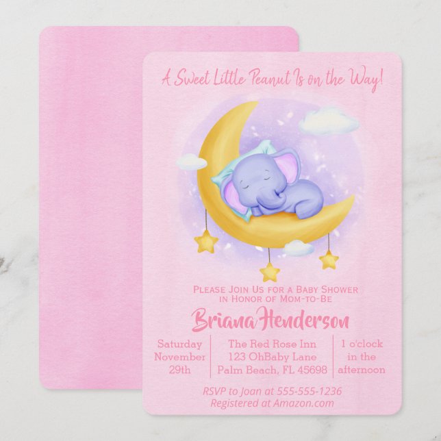 Invitation Elephant Girl Sweet Little Peanut Baby shower (Devant / Derrière)
