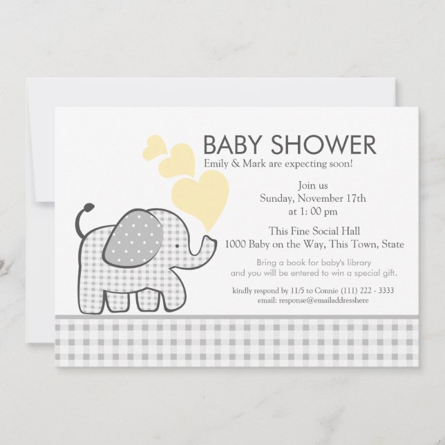 Invitation Elephant Grey En vichy Baby shower (Devant)