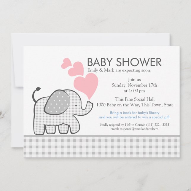Invitation Elephant Grey En vichy Baby shower (Devant)