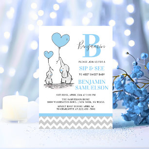Invitation Eléphant gris bleu moderne SIP & VOIR Baby Boy