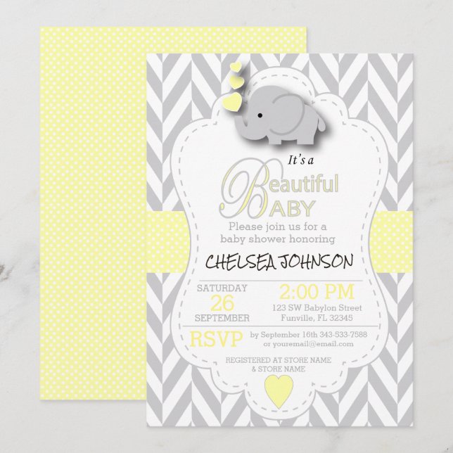 Invitation Eléphant gris jaune, blanc 🐘 Baby shower (Devant / Derrière)