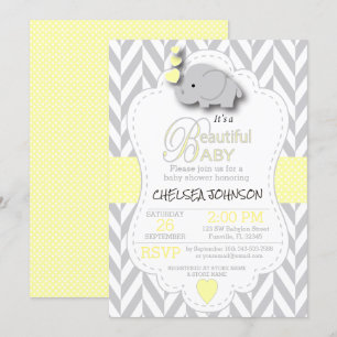 Invitation Eléphant gris jaune, blanc 🐘 Baby shower