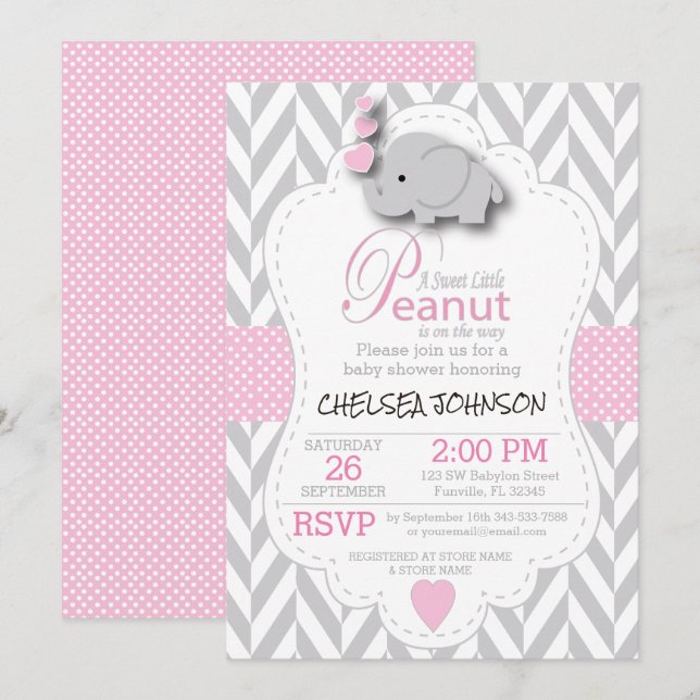 Invitation Eléphant gris rose et blanc 🐘 Baby shower 2 (Devant / Derrière)
